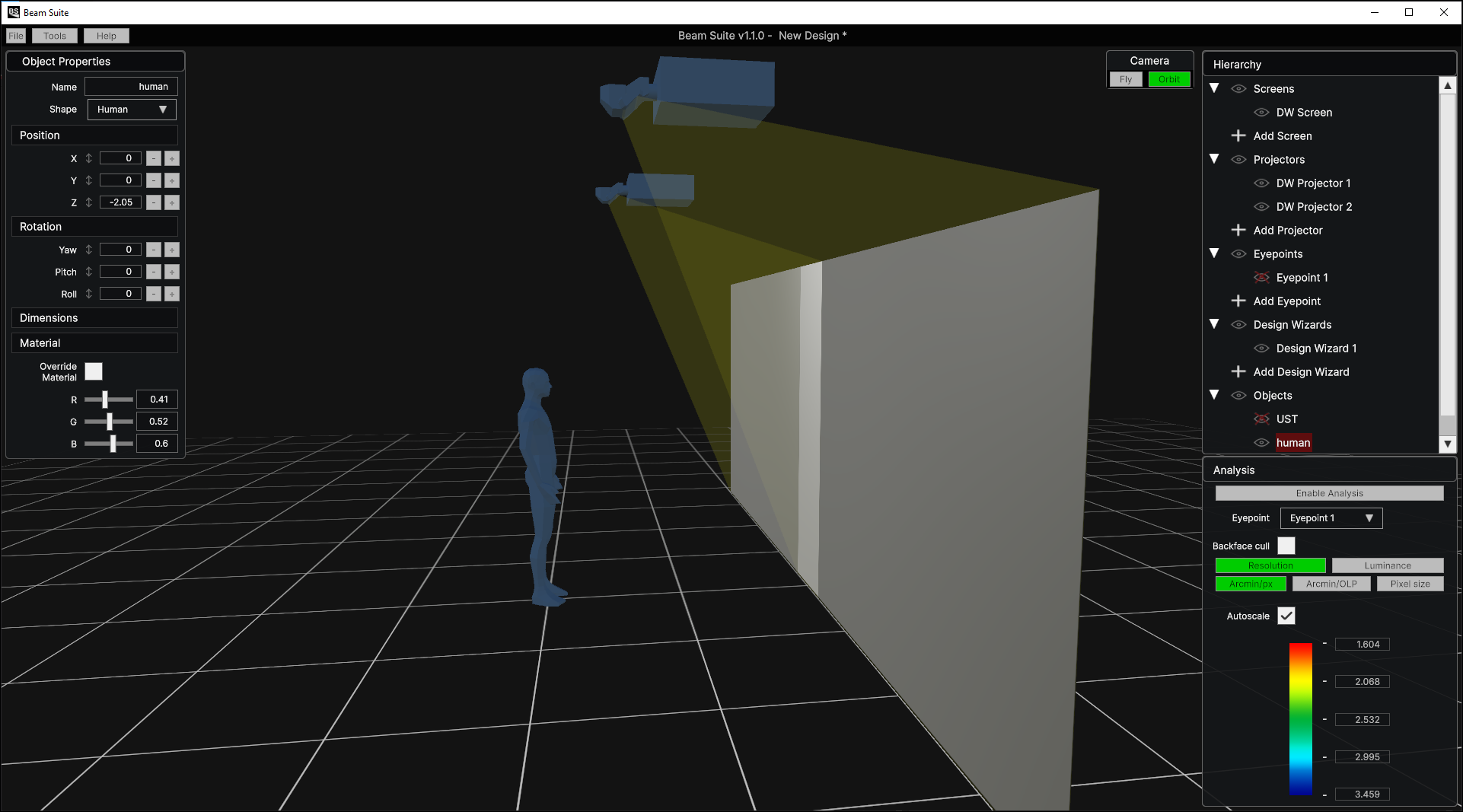 A 2-channel projection system design where the projectors use custom meshes using Beam Suite's new Object and OBJ import feature. A model of a human stands in front of the screen.