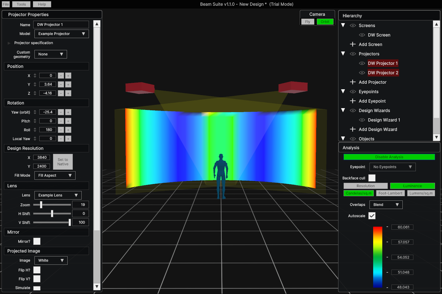 Ascreenshot of the Beam Suite software showing a design with a large blended cylindrical display with a model of a human standing in the middle. The screen is lit up in rainbow colours due to Analysis Mode being active.